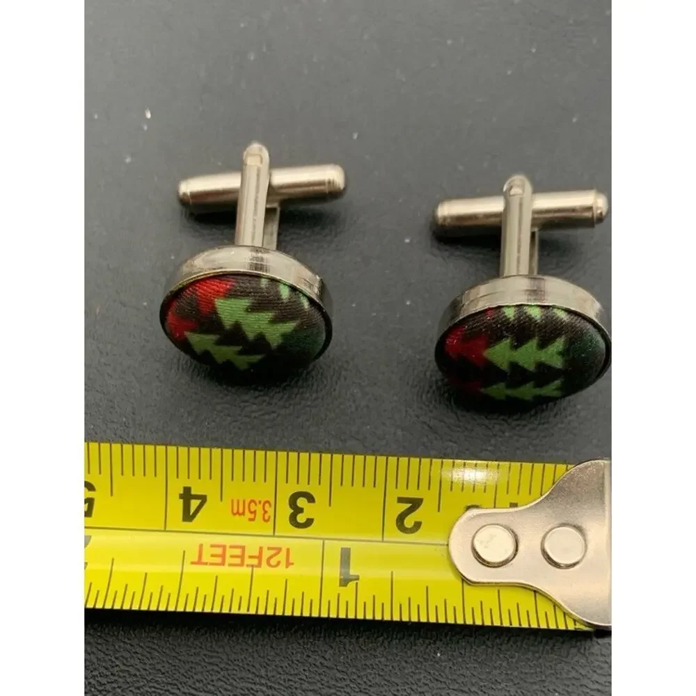 Silver Tone And Christmas Tree Fabric Wrapped Cuff Links